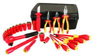 Insulated 1/2" Drive Inch Socket Set with 3/8" - 1" Sockets; 2 Extension Bars; 1/2" Ratchet; Knife; Slotted & Phillips; 3 Pliers/Cutters in Storage Box. 24 Pieces - Sun Tool & Supply