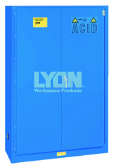 Acid Storage Cabinet - #5545 - 43 x 18 x 65" - 45 Gallon - w/2 shelves, three poly trays, bi-fold self-closing door - Blue Only - Sun Tool & Supply