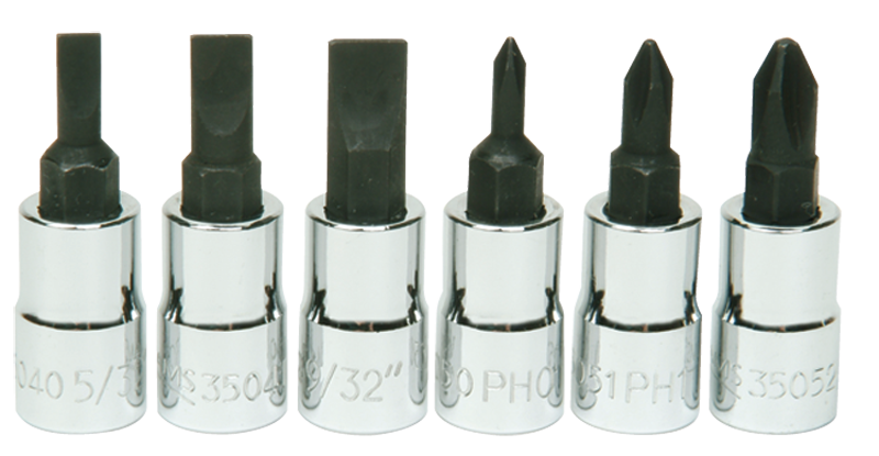 6 Piece - #9309068 - #0; #1; #2 Phillips; 5/32; 7/32; 9/32" Slotted - 1/4" Drive - Socket Drive Hex Bit Set - Sun Tool & Supply