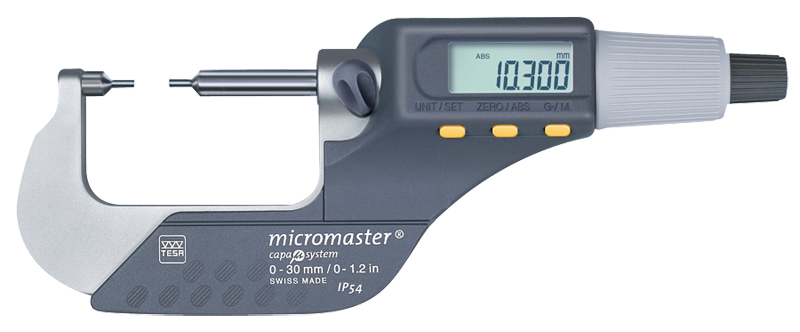 0 - 1.2" / 0 - 30mm Measuring Range - .00005/.001mm Resolution - Friction Thimble - Carbide Face - Electronic Spline Micrometer - Sun Tool & Supply