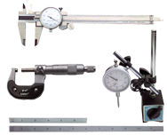 Kit Contains: 6" Dial Caliper; 0-1" Outside Micrometer; Mag Base With Fine Adjustment; 1" Travel Indicator; 6" 4R Scale And 12" 4R Scale - 6 Piece Machinist Set Up & Inspection Kit - Sun Tool & Supply