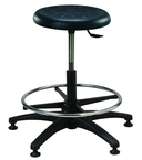 Round Black Polyurethane Stool - Standard Glides, 14" Seat Dia, 18" Adj Footring, Pneumatic Hgt Adj. Black, Plastic ABS Five Star Base, Bench Hgt 22.5" - 32.5" - Sun Tool & Supply