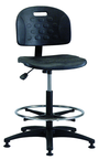 Polyurethane Task Stool - Standard Glides, Casters Optional, Pneumatic Hgt. Adj., Waterfall Seat, Adj. Contoured Backrest, Black Plastic ABS Base, 20" Adj. Footring, Bench Hgt 22.5" - 32.5" - Sun Tool & Supply