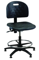 Black Polyurethane Task Stool - Adj. Contoured Backrest, Waterfall Seat, Seat and Back Tilt,  Glides Standard, Pneu Hgt. Adj., 20" Adj. Footring, Black Plastic ABS Base, Bench Hgt 23.5"-33.5" - Sun Tool & Supply