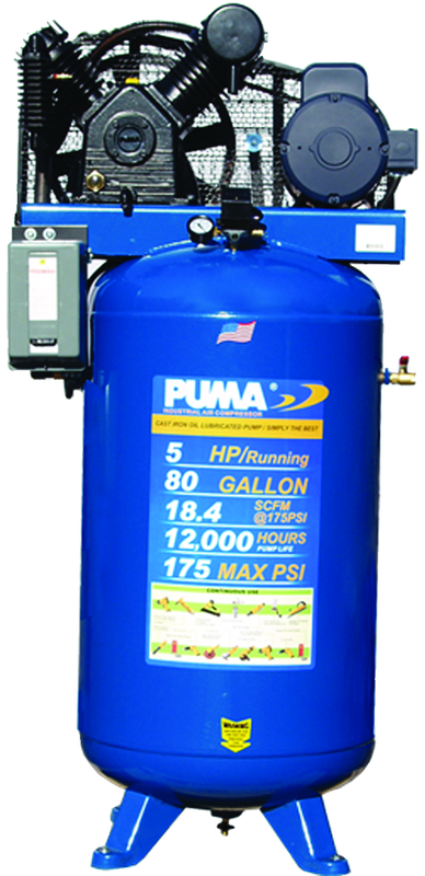 80 Gallon Vertical Tank Two Stage; Belt Drive; 5HP 230V 1PH; 18.4CFM@175PSI; 530lbs. - Sun Tool & Supply